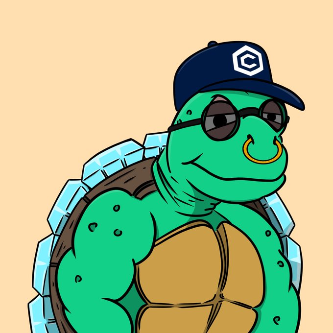 A muscular cartoon turtle wearing sunglasses, a nose ring, and a navy cap with a "C" logo (Crypto.com emblem) against a peach background, embodying the "Turbo Turtle" mascot of the NFT project referenced in the post.