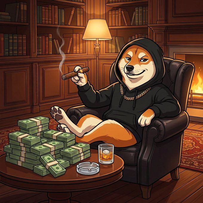 A cartoon Shiba Inu wearing a black hoodie and gold chain reclines in a leather armchair, casually smoking a cigar with stacks of cash, a whiskey glass, and ashtray on the table beside him, set in a wood-paneled study with a fireplace and bookshelves. The image conveys a "boss" or "finally in charge" vibe that matches the post announcing an official social media team for the $dih project.