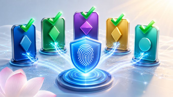 A digital illustration showing five colorful, glowing rectangular icons (blue, green, purple, gold, and teal) with green checkmarks, flanking a central blue shield featuring a fingerprint symbol, with a pink lotus flower in the lower left corner.