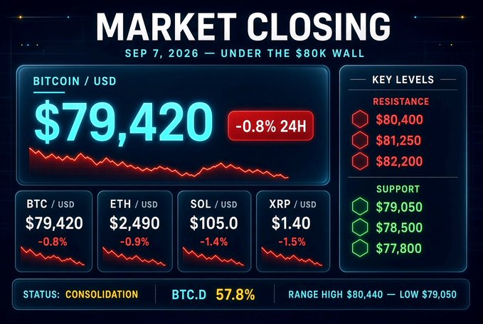 A market closing dashboard for SEP 7, 2026 titled 'UNDER THE $80K WALL' showing BITCOIN/USD at $79,420 (-0.8% 24H), with ETH at $2,490 (-0.9%), SOL at $105.0 (-1.4%), XRP at $1.40 (-1.5%), resistance levels at $80,400/$81,250/$82,200, support at $79,050/$78,500/$77,800, status CONSOLIDATION, BTC.D 57.8%, and range high $80,440 — low $79,050.