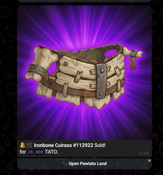 A notification showing an in-game item sale for 'Ironbone Cuirass #112922 Sold! for 20,000 TATO' displayed against a purple starburst background.