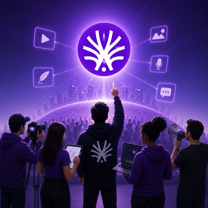 An illustrated group of young creators and influencers in hoodies stand facing a glowing purple emblem with a tree-like symbol, surrounded by floating icons representing media, audio, writing, and communication tools.