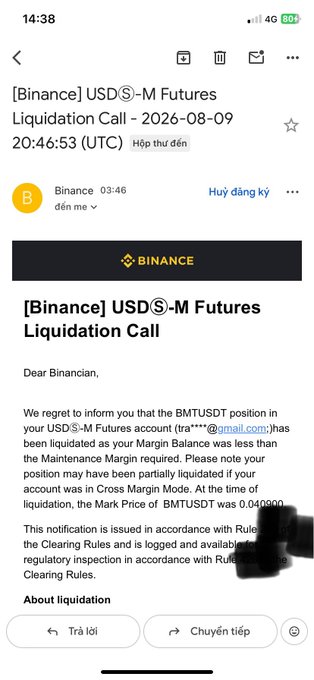 A screenshot of an email from Binance titled 'USDⓈ-M Futures Liquidation Call' dated 2026-08-09, notifying the user that their BMTUSDT position was liquidated.