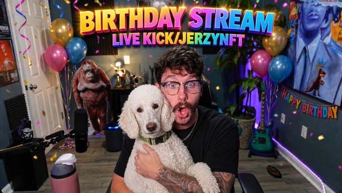 A young man with glasses and an excited expression holds a white poodle in a festively decorated room, with text overlay reading "BIRTHDAY STREAM LIVE KICK/JERZYNFT" surrounded by balloons and confetti. The image aligns with the post's celebration of birthday support from the community, promoting an upcoming livestream on Kick featuring "JERZYNFT" where viewers should have their $SOL wallets ready.