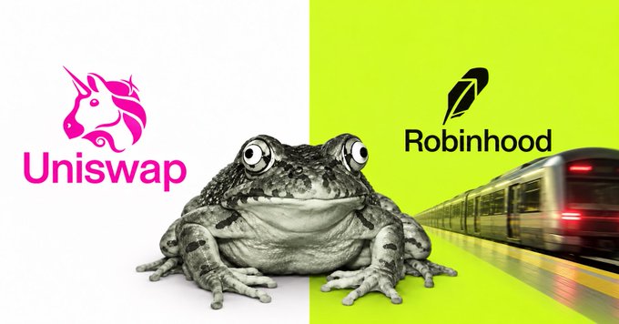 A composite image showing the Uniswap unicorn logo on a white background and the Robinhood logo with a train on a yellow-green background, with a gray toad superimposed in the center.