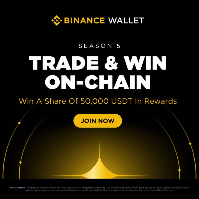 A Binance Wallet promotional banner for "Trade & Win On-Chain Season 5" featuring the brand logo, a "JOIN NOW" call-to-action button, and a 50,000 USDT reward offer, which corresponds to the recently concluded trading competition referenced in the post.