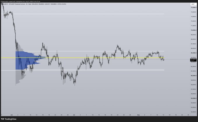 A TradingView BTCUSDT Perpetual Contract chart showing price action consolidating in the 63,000-67,000 range with volume profile and a yellow horizontal line, displaying declining price movement.