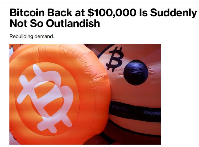 A news headline reads 'Bitcoin Back at $100,000 Is Suddenly Not So Outlandish' with subtitle 'Rebuilding demand,' accompanied by an image of orange Bitcoin and inflatable pool toys.