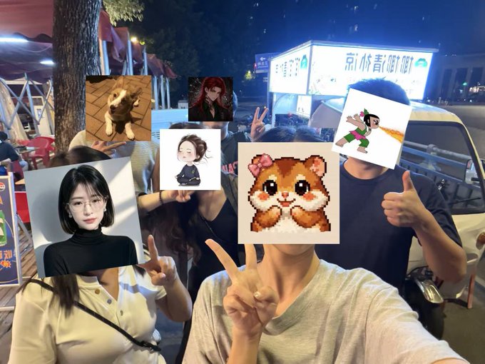 A group of friends poses at an outdoor night market, with their faces obscured by cartoon stickers and cutout images of various characters and animals.