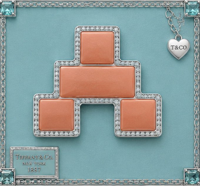 A Tiffany & Co. jewelry advertisement featuring a Tetris-shaped pendant with orange stones and diamond accents on the brand's signature blue background, with 'TIFFANY & CO. NEW YORK 1837' plaque visible.