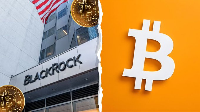 The image features a split advertisement for BlackRock company that showcases their logo on top of a white building with an American flag displayed below, as well as another smaller ad with Bitcoins. The Bitcoin-related text emphasizes that the client demand for Bitcoin has never stopped or is now even bigger than before and urges people to invest in it by "unlocking BILLIONS sitting on the sidelines waiting to flow in!".