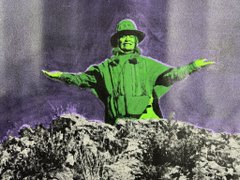 A stylized green-tinted image of a man in a hat and coat with arms outstretched, standing behind foliage with a waterfall in the background.