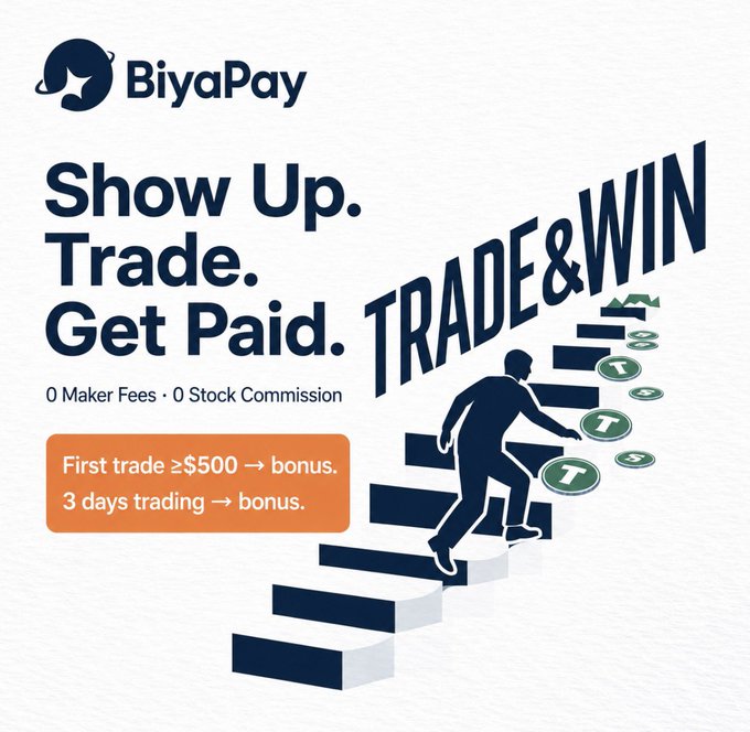 An advertisement for BiyaPay with the slogan 'Show Up. Trade. Get Paid. TRADE&WIN', offering bonuses for a first trade ≥$500 and 3 days trading, with 0 Maker Fees and 0 Stock Commission.