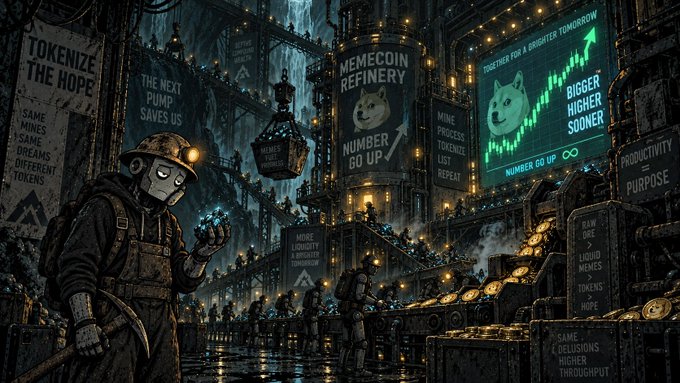 A dystopian, steampunk-style mining facility is depicted, where masked laborers toil among towering machines and Dogecoin billboards. Key signs read "TOKENIZE THE HOPE," "MEMECOIN REFINERY: NUMBER GO UP," "TOGETHER FOR A BRIGHTER TOMORROW," "BIGGER HIGHER SOONER," and slogans like "SAME MINES SAME DREAMS DIFFERENT TOKENS" and "SAME ILLUSIONS HIGHER THROUGHPUT" — satirizing the cyclical, hype-driven nature of meme coin projects, where the "robot mines" themselves have become an inside joke about how the same speculative grind is repackaged under different tickers for "number to go up."
