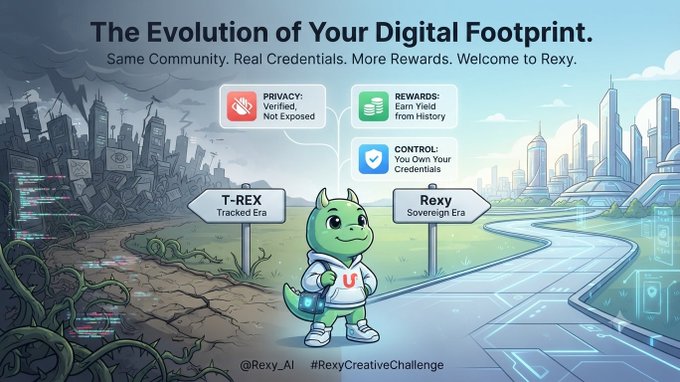 A digital graphic titled "The Evolution of Your Digital Footprint" contrasts a ruined "T-REX Tracked Era" cityscape with a futuristic "Rexy Sovereign Era" city, featuring a green dinosaur mascot and text about privacy, rewards, and credential control with the handle "@Rexy_AI" and "#RexyCreativeChallenge".