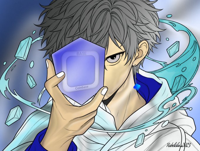 Anime-style digital artwork of a gray-haired character holding a translucent cube labeled 'BASE' and 'Coinbase', surrounded by floating crystals and swirling water effects.