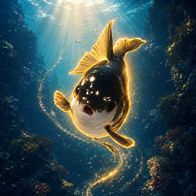 An underwater scene featuring a glowing golden koi fish with dark markings, illuminated by sunbeams piercing through the blue water.