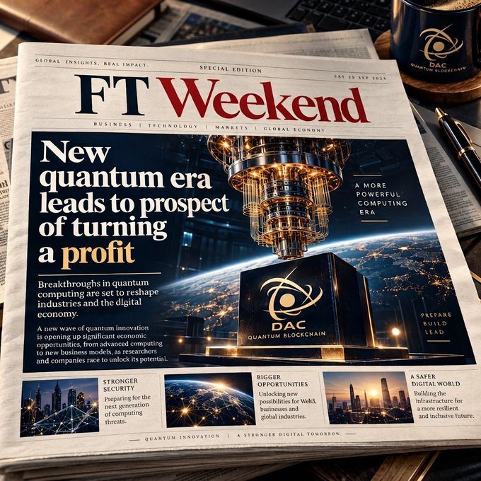 A Financial Times Weekend newspaper cover dated 'SAT 28 SEP 2024' features the headline 'New quantum era leads to prospect of turning a profit' and prominently displays a 'DAC QUANTUM BLOCKCHAIN' device.
