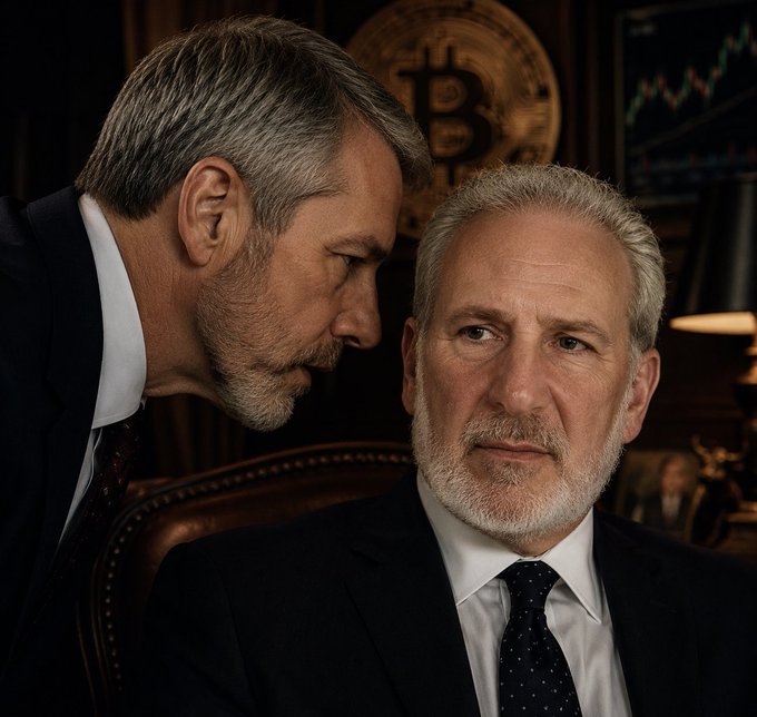 Two serious-looking men in dark suits sit in a wood-paneled study, with a Bitcoin (₿) logo prominently displayed on the wall behind them—evoking the iconic "Bitcoin to da moon" image that has become a symbol of crypto bullish sentiment, fitting the post celebrating $MSTR and $BTC pumping.