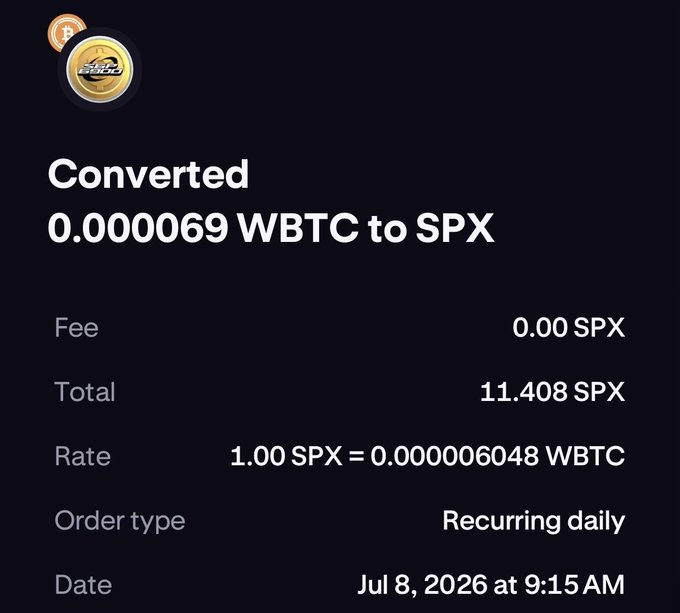 This is the third day of July 2026 and someone just performed a transversal action in which they converted 0.000069 WBTC to SPX. I am not sure if this involves cryptominers or crypto in general or something else, due to the words being poorly explained when executed.