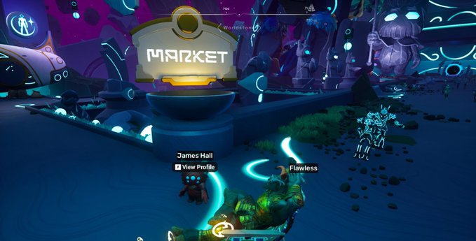 A video game screenshot showing a 'MARKET' sign in a glowing blue and purple futuristic environment with characters 'James Hall' and 'Flawless' visible below.