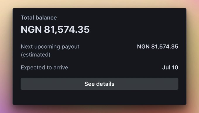 A dark-themed payout dashboard displays a total balance of NGN 81,574.35 with an estimated upcoming payout of the same amount expected to arrive on Jul 10. The image relates to the post by showing the X/Twitter creator's ad revenue monetization earnings, highlighting the income they hope to regain after losing monetization access.