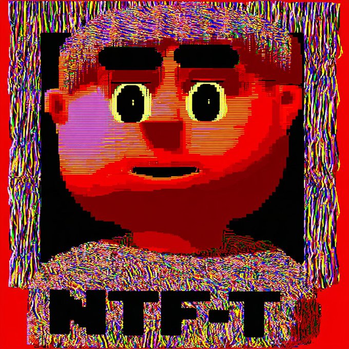 A glitchy, distorted pixel art image of a face with large round eyes on a red background, with the text 'NTFT' displayed at the bottom in a colorful, noisy style.