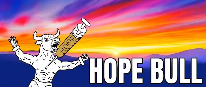A meme-style illustration of a muscular 'HOPE BULL' with horns, shouting and raising a syringe labeled 'HOPE', set against a vibrant sunset sky.
