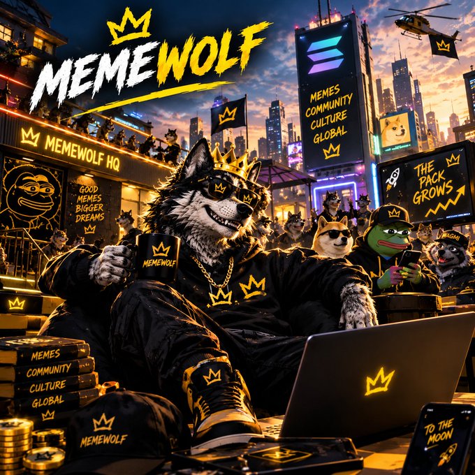 A promotional image for 'MEMEWOLF' featuring an anthropomorphic wolf wearing a gold crown, sunglasses, and chains, sitting with a laptop amidst a neon-lit meme-themed cityscape with phrases like 'MEMES COMMUNITY CULTURE GLOBAL' and 'TO THE MOON'.