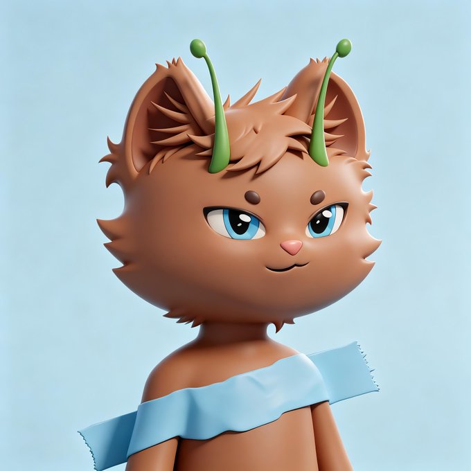 A 3D-rendered cartoon-style cat character with brown fur, blue eyes, and green antennae wears a light blue off-the-shoulder garment against a pale blue background.