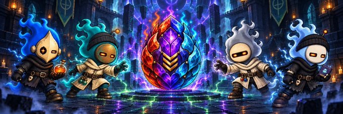 Four hooded, flame-headed fantasy characters with glowing eyes stand on either side of a large glowing crystal in a mystical blue-lit dungeon setting.