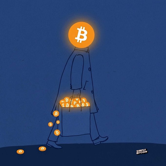 The image features a man walking down a street, carrying a bag filled with Bitcoins. The Bitcoins are glowing orange, which adds a unique visual element to the scene. This illustration seems to be related to the concept of Bitcoin or cryptocurrency, as suggested by the caption "All in on Bitcoin".