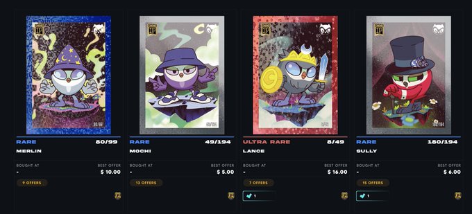 A display of four NFT trading cards featuring owl-like characters named MERLIN, MOCHI, LANCE (ULTRA RARE), and BULLY, each listed with offer counts and best offers.