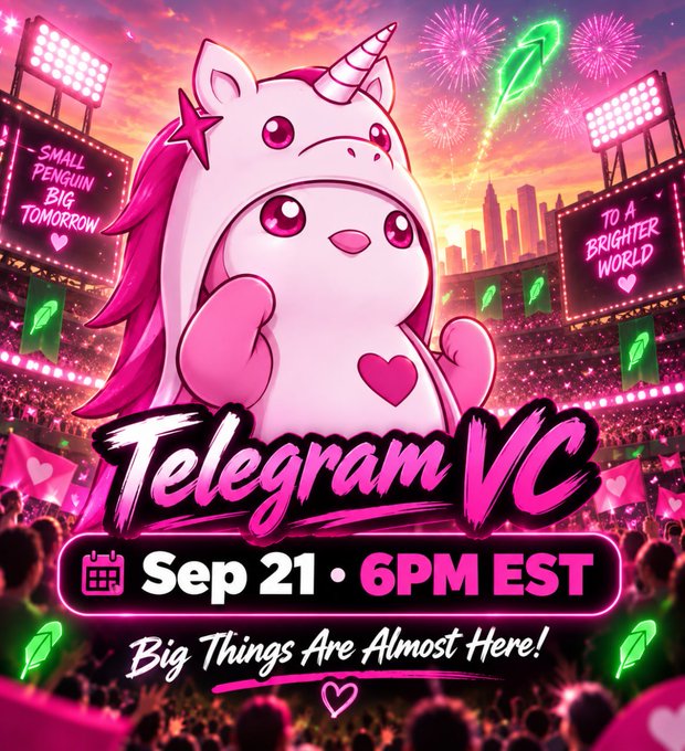 A vibrant promotional poster for a 'Telegram VC' event on Sep 21 at 6PM EST, featuring a cute pink unicorn character and fireworks with text 'Big Things Are Almost Here!'