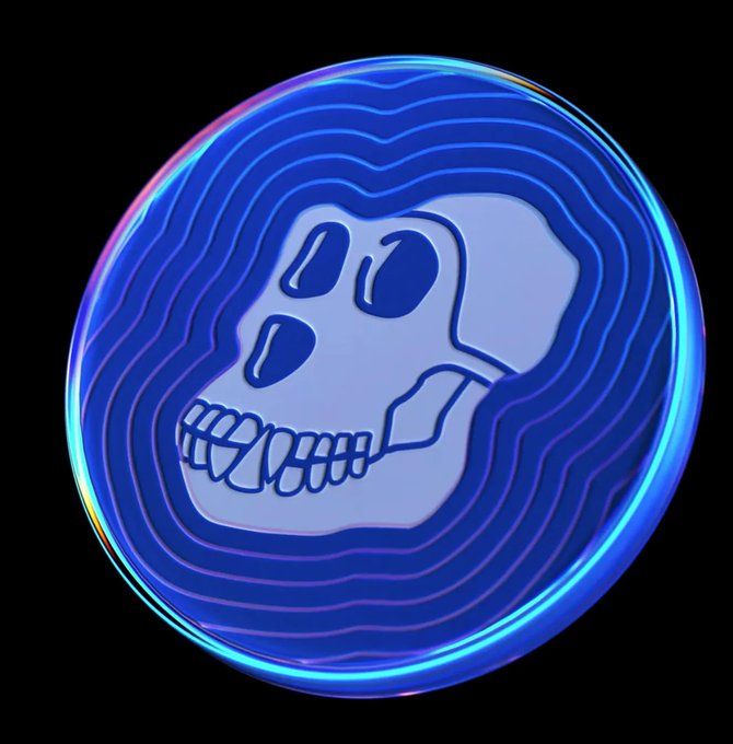 The image features a blue circle with a white skull inside, which appears to be a logo or symbol related to an online marketplace called eBay. The background of the image is black, making the blue circle stand out prominently. The text "most bullish thing to happen for apecoin since TGE ape foundation is gone, apechain teams now work directly under yuga apecoin finally becoming a real part of BAYC and Otherside" suggests that this particular eBay listing has been successful in terms of sales or popularity.