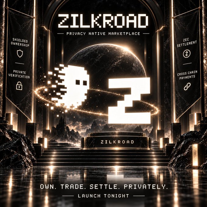 A digital advertisement poster for 'ZILKROAD' featuring pixel art ghost characters orbiting a planet, promoting 'OWN. TRADE. SETTLE. PRIVATELY. LAUNCH TONIGHT' with features like 'SHIELDED OWNERSHIP' and 'ZEC SETTLEMENT'.