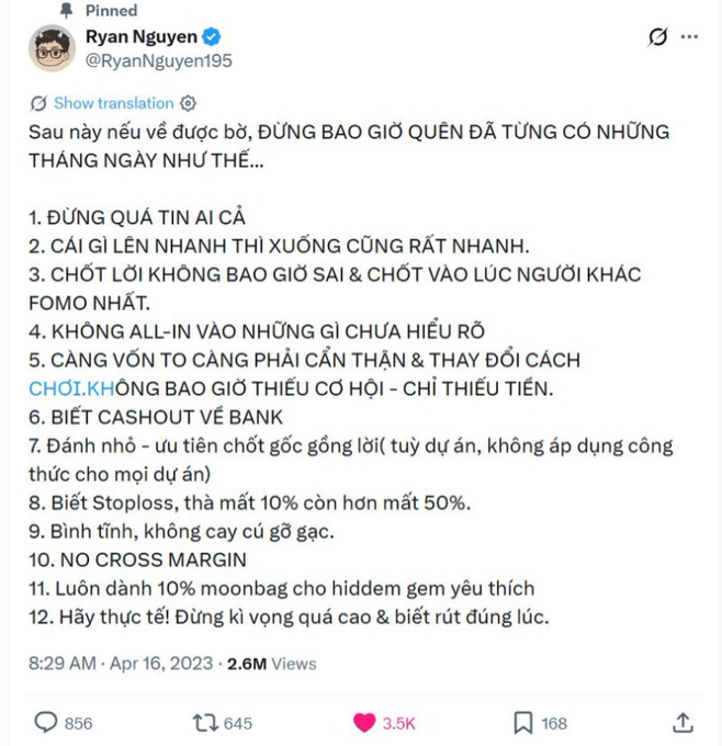 A pinned tweet by Ryan Nguyen (@RyanNguyen195) written in Vietnamese, listing 12 trading lessons with advice like 'NO CROSS MARGIN' and 'Stop loss', posted on April 16, 2023 with 2.6M views.