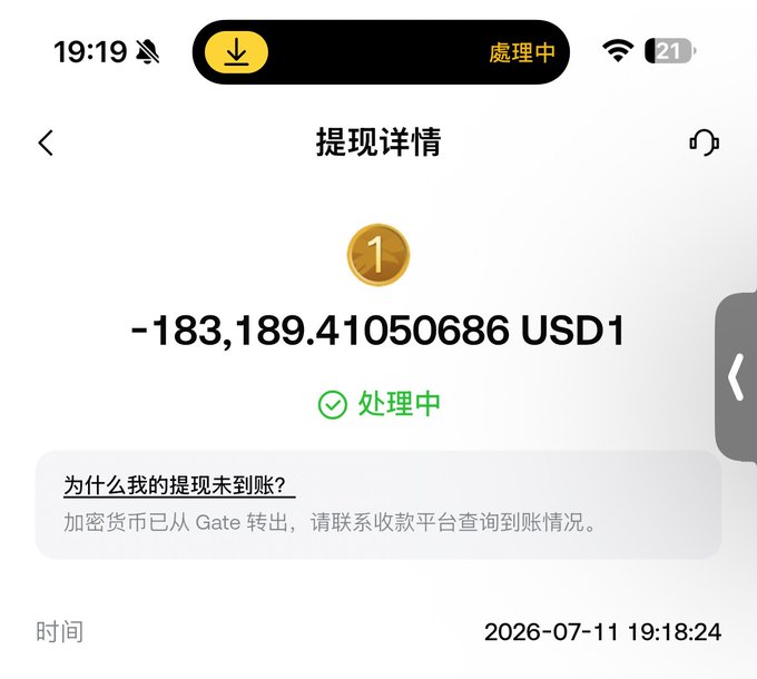 A mobile screenshot from Gate.io shows a withdrawal details page for -183,189.41050686 USD1 marked as "处理中" (Processing), with a note that the cryptocurrency has been transferred out from Gate. This illustrates the user's withdrawal from Gate's USD1 wealth management product, which they've moved back to Binance amid concerns about a theft incident.
