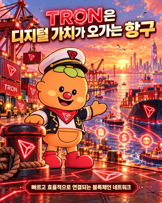 A colorful cartoon poster featuring an orange mascot in a sailor uniform with TRON logos, set against a sunset port scene with Korean text translating to 'TRON is a digital asset that is rising'.