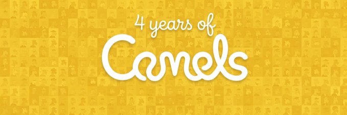A yellow graphic banner reading "4 years of Camels" in white stylized text on a background collage of small photos.