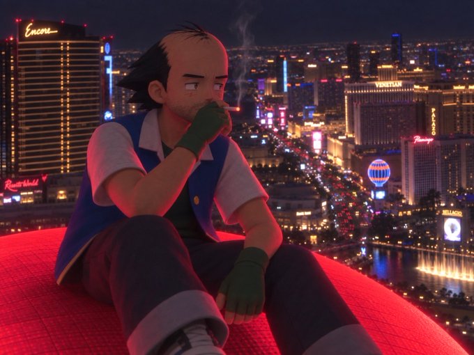 A balding man in a blue vest and fingerless gloves sits perched on a glowing red rooftop edge, cigarette in hand, gazing pensively over the neon-lit Las Vegas Strip—visible signage includes "Encore," "The Venetian," "Trump," "Paris," "Flamingo," and "Bellagio"—suggesting a weary, hard-luck protagonist reflecting on rock-bottom moments before things turn around.