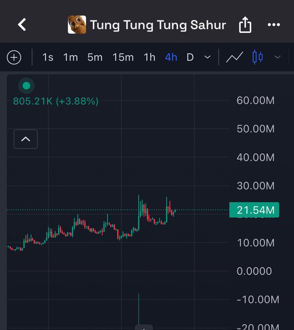 A cryptocurrency price chart for 'Tung Tung Tung Sahur' showing a value of 805.21K (+3.88%) on a 4-hour timeframe, with a current price of 21.54M.