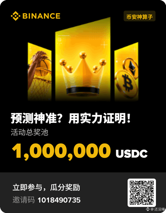 A Binance promotional poster reads “预测神准？用实力证明!”, “活动总奖池 1,000,000 USDC,” and “立即参与，瓜分奖励 邀请码 1018490735,” with a QR code and “币安神算子.”