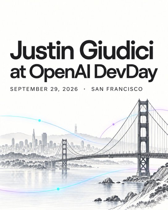 A promotional graphic featuring an illustration of San Francisco's Golden Gate Bridge and skyline announces "Justin Giudici at OpenAI DevDay" on September 29, 2026, in San Francisco—visually tying the event's iconic host city to the post about Telos co-founder Justin Giudici attending the AI developer conference.