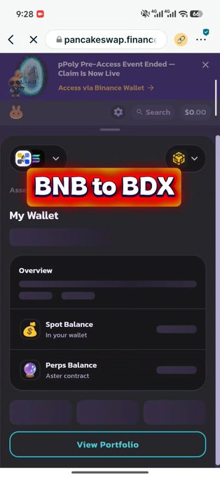 A screenshot of pancakeswap.finance website showing a BNB to BDX swap interface with a banner at top reading "pPoly Pre-Access Event Ended — Claim Is Now Live".