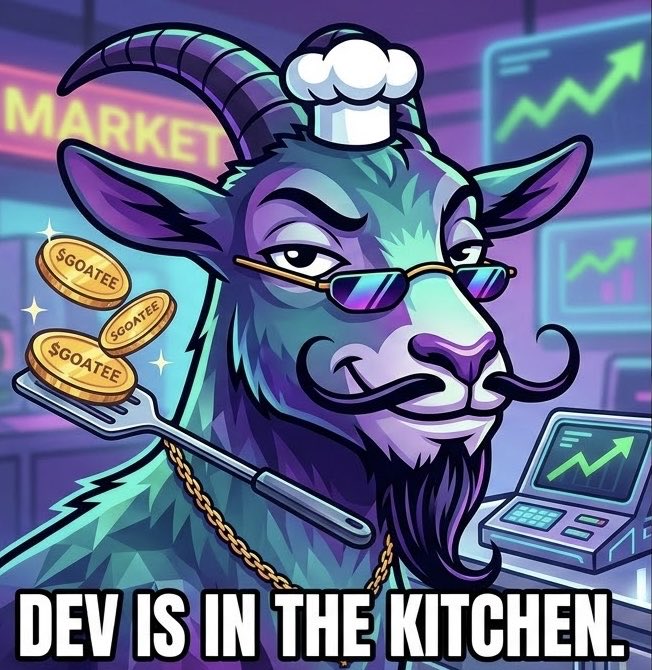 A cartoon goat chef wearing sunglasses and a chef's hat balances a spatula with $GOATEE coins on it, with the text 'DEV IS IN THE KITCHEN.' at the bottom and 'MARKET' in the background.