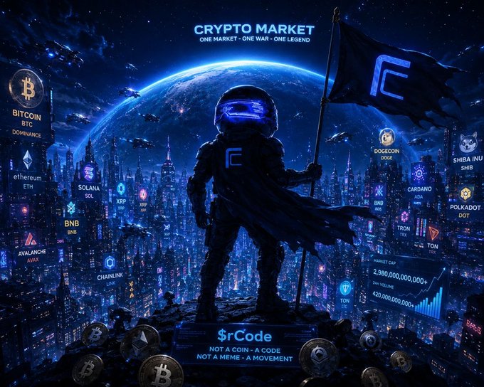 A space-themed crypto market poster titled 'CRYPTO MARKET - ONE MARKET - ONE WAR - ONE LEGEND' showing an astronaut holding a flag with cryptocurrency logos (Bitcoin, Ethereum, Solana, Dogecoin, Shiba Inu, etc.) overlaid on a futuristic cityscape with Earth in the background, branded '$rCode - NOT A COIN - A CODE - NOT A MEME - A MOVEMENT'.