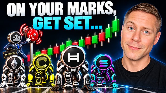 A YouTube thumbnail titled 'ON YOUR MARKS, GET SET...' featuring a man alongside cartoon astronauts with cryptocurrency logos (Ethereum, etc.), a candlestick chart, and a red gavel.
