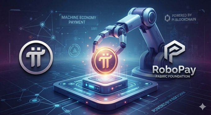 A digital promotional graphic featuring a robotic hand holding a Pi coin over a glowing platform, with text 'MACHINE ECONOMY PAYMENT', 'POWERED BY PI BLOCKCHAIN', and 'RoboPay FABRIC FOUNDATION' alongside Pi and RoboPay logos.