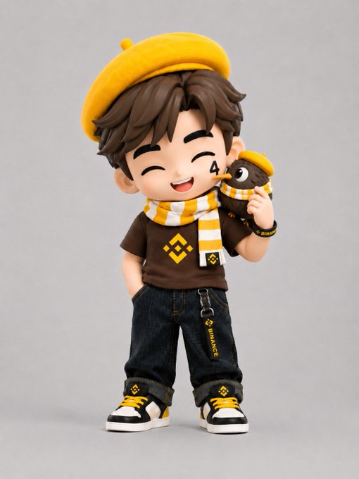 The image features a small figurine or toy figure wearing a hat and scarf, standing against a gray background. The figurine has a brown shirt with yellow text that reads "BinanceMysteryBox". The figurine also has a yellow scarf around its neck. The caption provided in the image suggests that this figurine is related to the cryptocurrency market, possibly as a collectible item or a gift for someone interested in Bitcoin and blockchain technology.